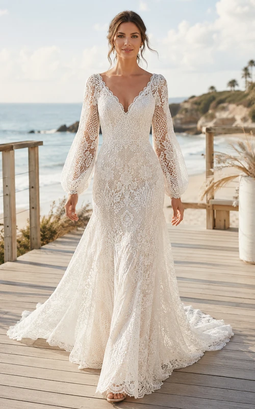 Bohemian V Neck Lace Wedding Mermaid Long Bell Sleeve Sweep Train
