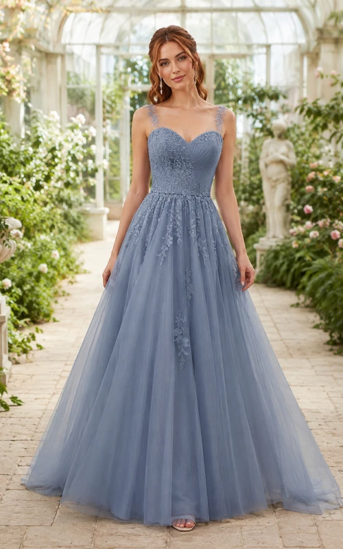Stahlblaues Spaghetti-Tüll-Abendkleid in A-Linie