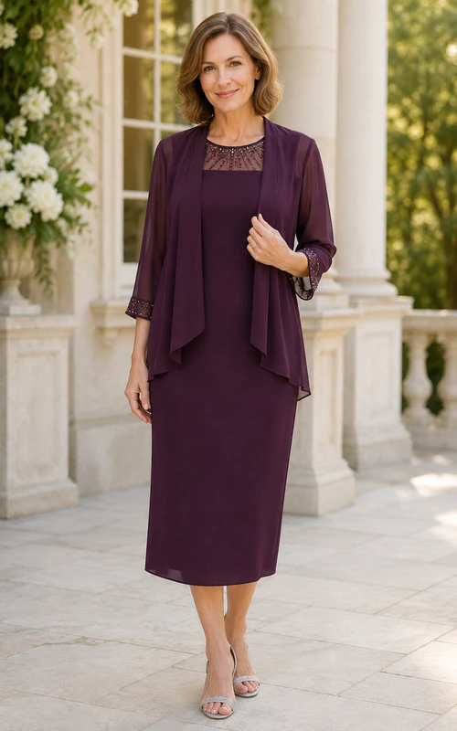 Plum Tea-Length Sheath Mother Dress with Chiffon Jacket
