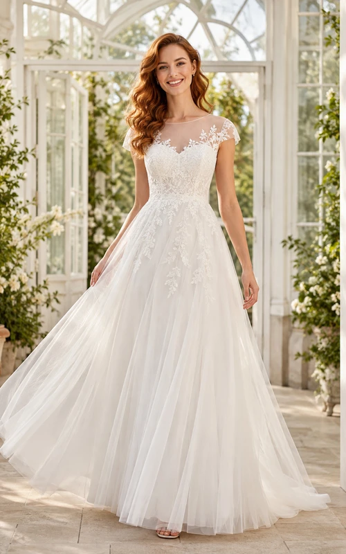 Robe de mariée romantique coupe A, décolleté bateau, dentelle illusion, manches courtes, style chapelle, idéale pour un jardin.