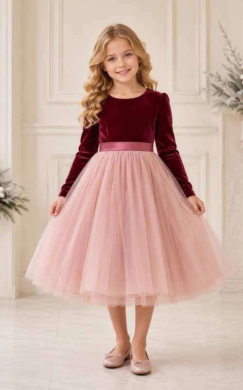 Robe élégante de demoiselle d'honneur d'hiver en velours bordeaux et tulle, longueur thé, coupe trapèze, manches longues et col rond.