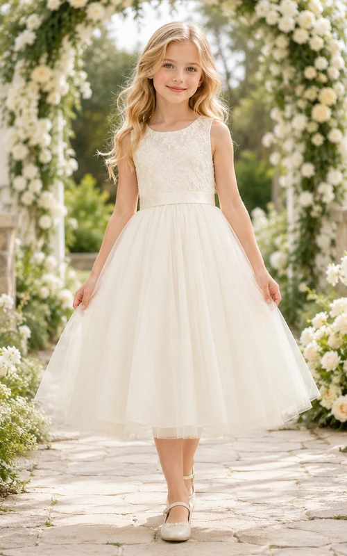 Robe romantique mi-longue trapèze en dentelle et tulle sans manches à col rond, idéale pour une demoiselle d'honneur.