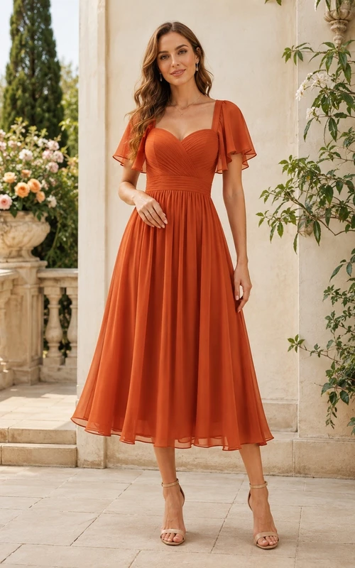 Gebranntes Orange, teelanges A-Linien-Kleid mit herzförmigem Ausschnitt und flatternden Ärmeln, perfekt für Hochzeiten und als Gastkleid.