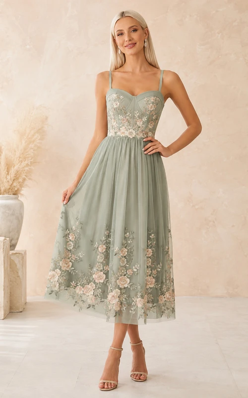 Vestido romántico de tul color celadón con escote corazón, tirantes finos y bordado floral, corte en A, largo hasta la rodilla.