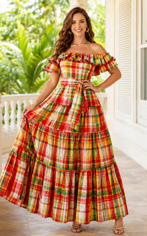 Leuchtend rotes Madras-Kleid in A-Linie, bodenlang, schulterfrei, mit Stufenrüschen