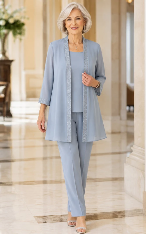 Elegante conjunto de tres piezas azul acero para mujer de talla pequeña, chaqueta larga, pantalón recto de manga tres cuartos y traje de pantalón.