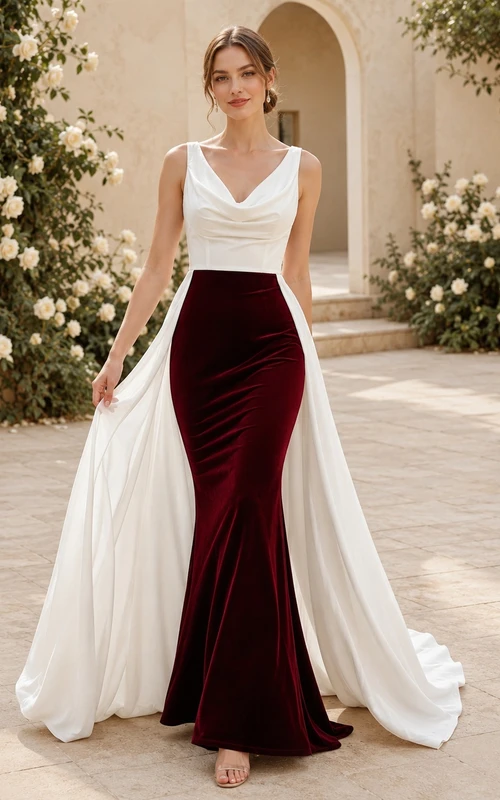 Burgunderfarbenes, fließendes Brautkleid in A-Linie mit Wasserfallausschnitt, ärmellos und Schleppe, modern und elegant