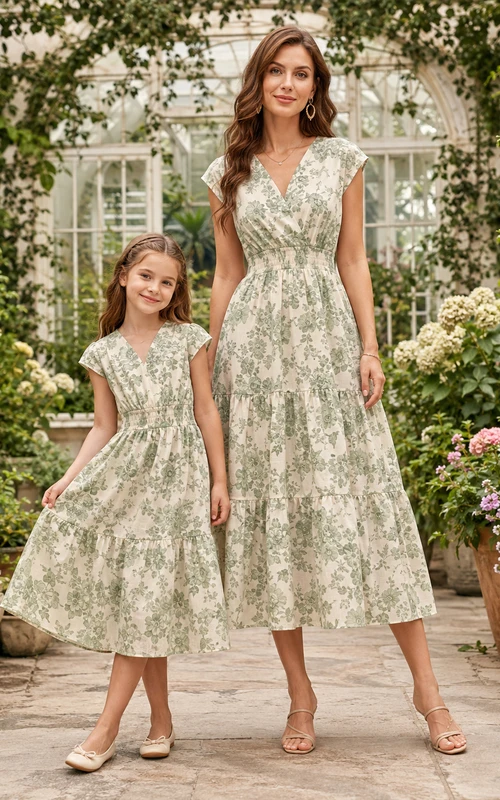 Sage Floral V Neck Cap Sleeve Matching Midi Dress