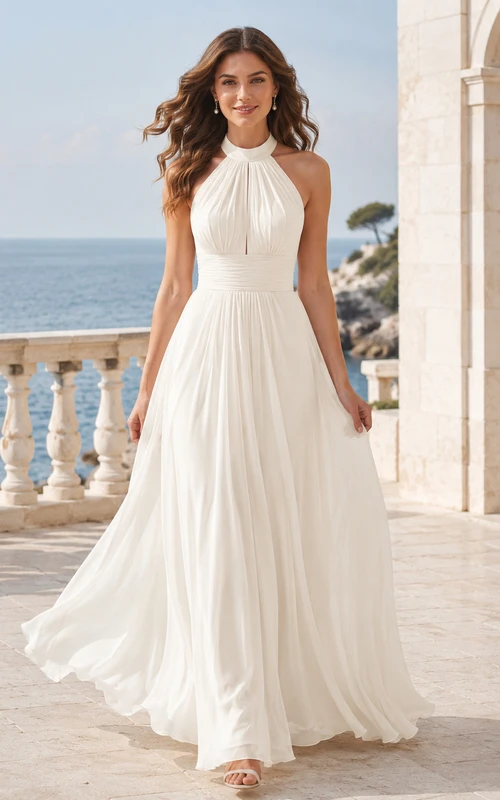 Robe de mariée vaporeuse en mousseline froncée, dos nu, col montant, coupe trapèze, bustier et traîne.