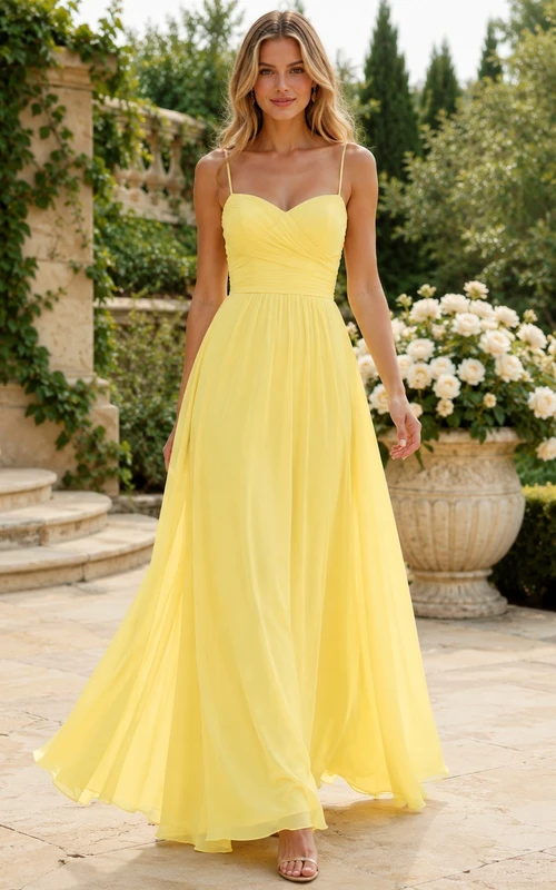 Daffodil V-neck Strappy Chiffon Flowing A-Line Floor-length Bridesmaid Dress
