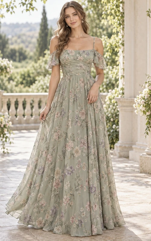 Vestido de dama de honor de gasa largo hasta el suelo, color verde salvia, con escote cuadrado y mangas acampanadas, estampado floral discreto y delicado.