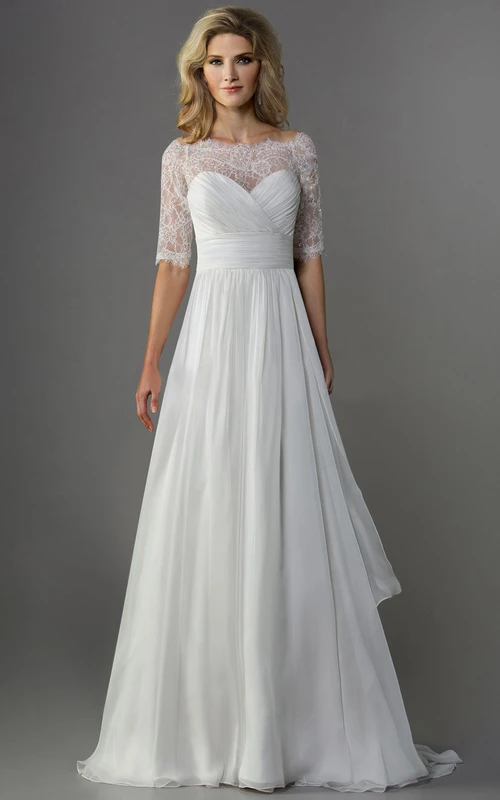 A-Linien-Brautkleid aus Chiffon mit halben Ärmeln und Illusionsspitzen-Details