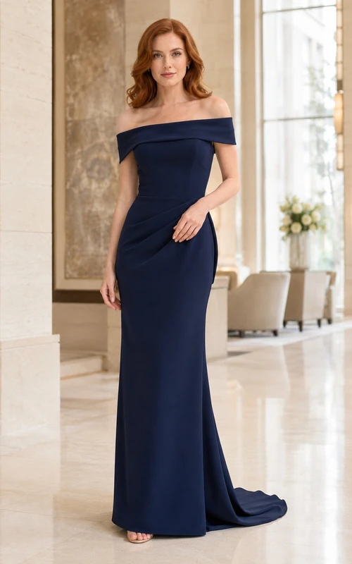 Navy Jersey Off-the-shoulder Short Sleeve Sheath Floor-length Sweep Elegant Reception Guest Gown