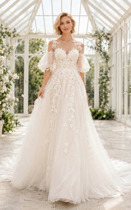 Robe de mariée bateau à manches courtes en dentelle florale, coupe trapèze, traîne chapelle de luxe