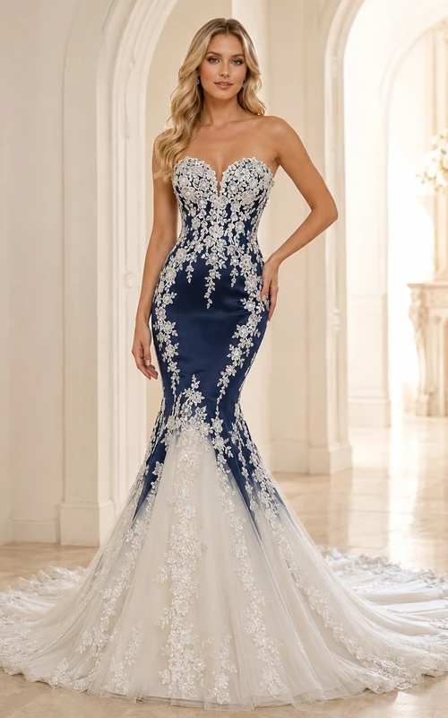 Marineblaues, aufwendig verziertes, ärmelloses Spitzen-Brautkleid mit Meerjungfrauen-Ausschnitt und elegantem Schnitt