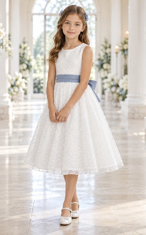 Vestido de niña de flores blanco de corte A, sin mangas, con lunares y fajín azul, hasta la rodilla.
