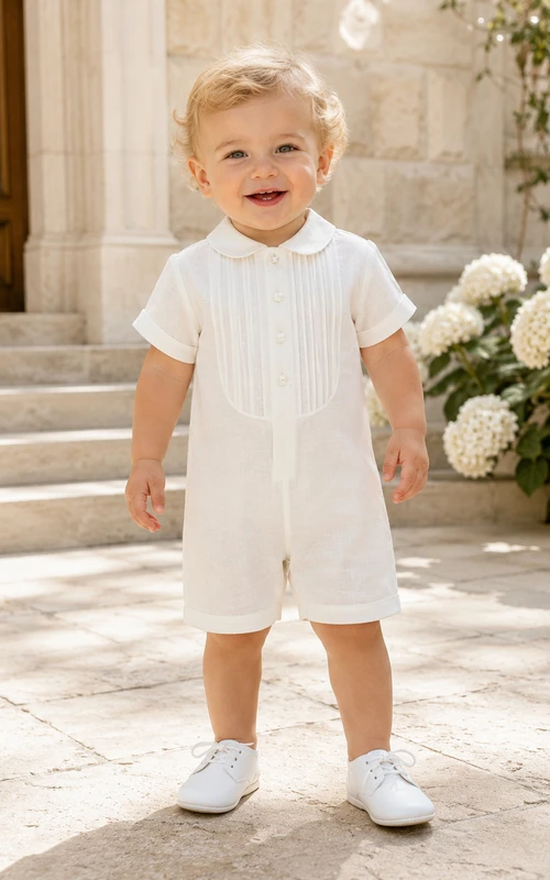 Atmungsaktiver, elfenbeinfarbener, kurzärmeliger Baby-Tauf-Strampler mit Abnähern und Shorts