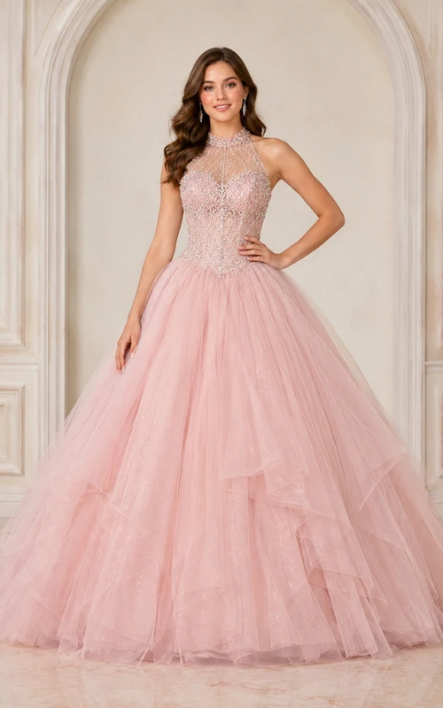 Blushing Pink Luxury High Neck Beaded Illusion Layered Tulle Sweet Sixteen Ball Gown