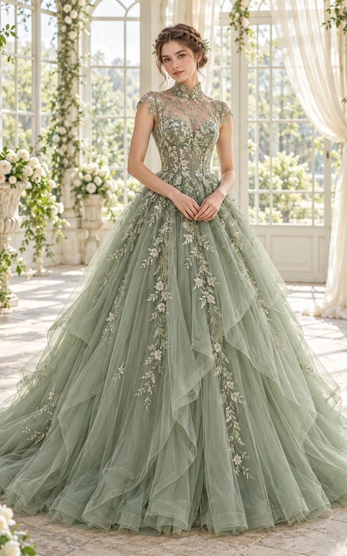 Sage Green High Neck Cap Sleeve Layered Tulle Wedding Dress