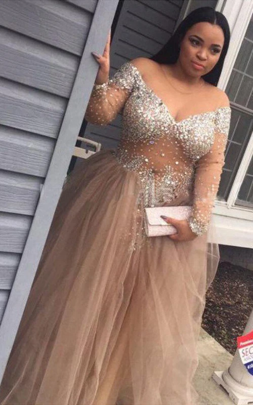 A-Line Ball Gown Tulle Off-the-shoulder Long Sleeve Zipper Dress