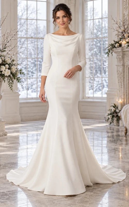 Vestido de novia de crepé con escote barco, mangas tres cuartos y cola de sirena.