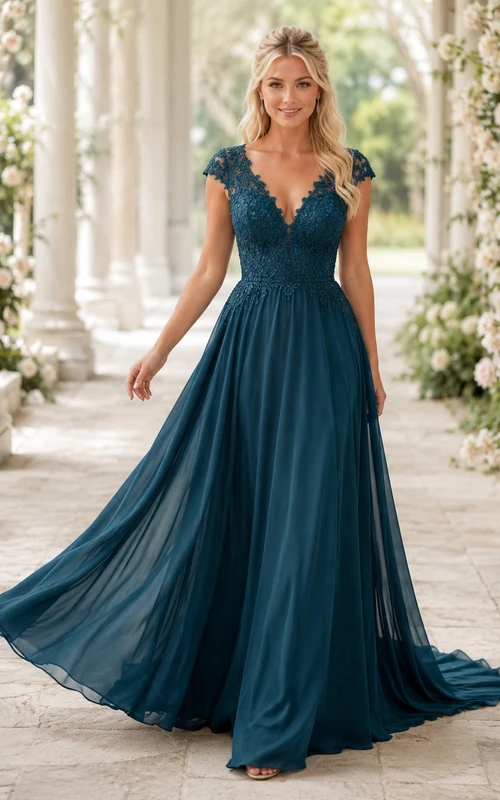 Dunkelgrünes, bodenlanges Brautkleid aus Chiffon mit kurzen Ärmeln, V-Ausschnitt und A-Linien-Schnitt aus Spitze