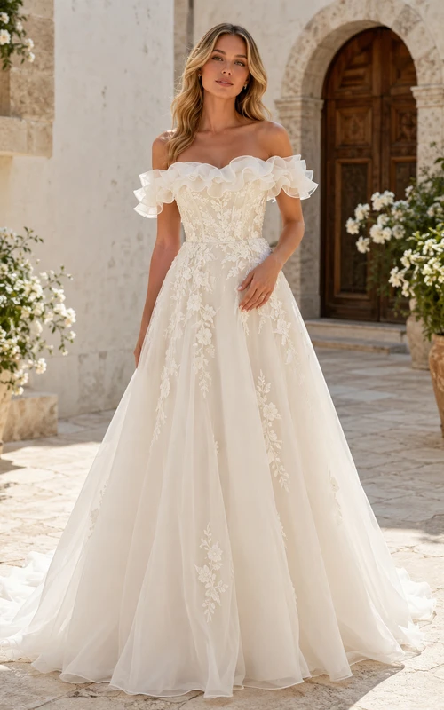 Robe de mariée romantique à épaules dénudées, volants, dentelle florale, coupe trapèze et traîne courte, en dentelle florale.