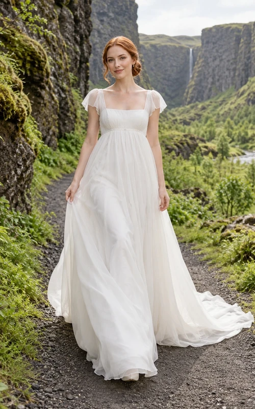 Vestido de novia de organza con escote cuadrado estilo imperio, mangas cortas con volantes y cola de corte.
