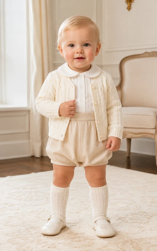 Kuscheliges cremefarbenes Langarm-Strick-Cardigan-Set mit Zopfmuster und passendem Taufhöschen