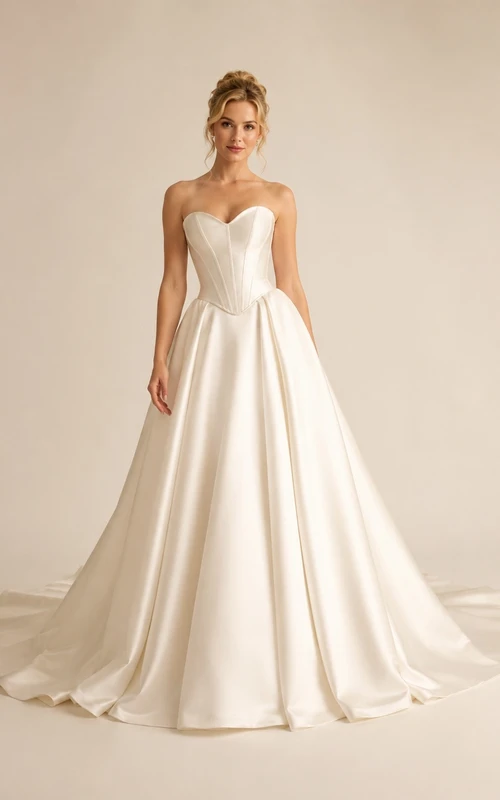 Vestido de novia sencillo sin tirantes, de corte A, con cintura en forma de U y estilo vasco.