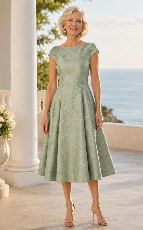 Vestido formal de gasa de manga corta, corte en A y largo hasta la rodilla, color verde salvia, estilo romántico.