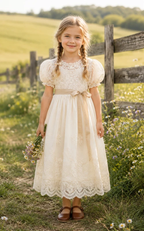Flower Girl Dress Ivory Lace Tulle A-Line Short Sleeve Scoop Neck Tea Length