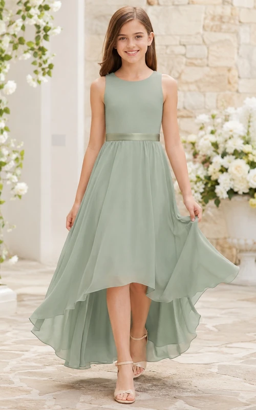 Vestido de dama de honor juvenil color celadón, corte en A, sin mangas, con volantes, estilo romántico.