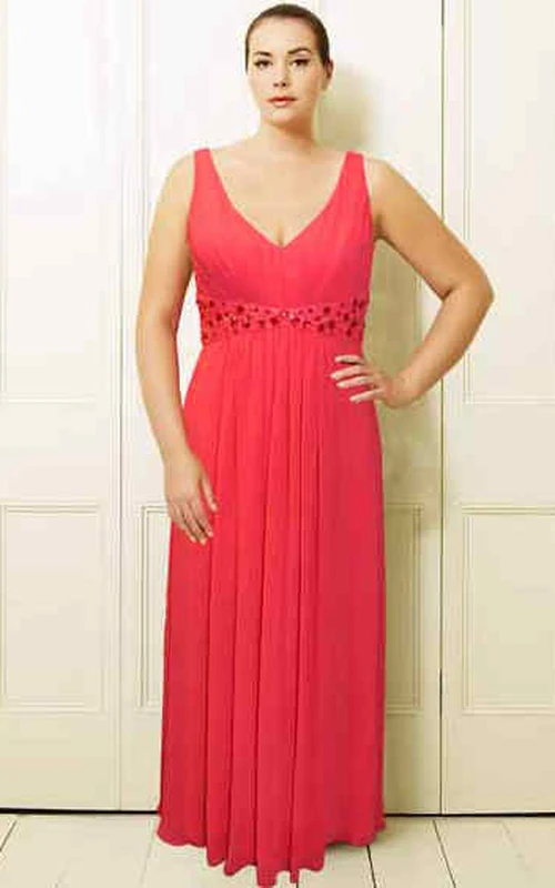 Vestido largo de fiesta sin mangas con escote en V, bordado abalorios y gasa, talla grande, con pliegues.