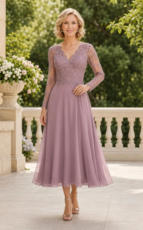 Robe de mère mi-longue à corsage en dentelle rose poudré et manches longues