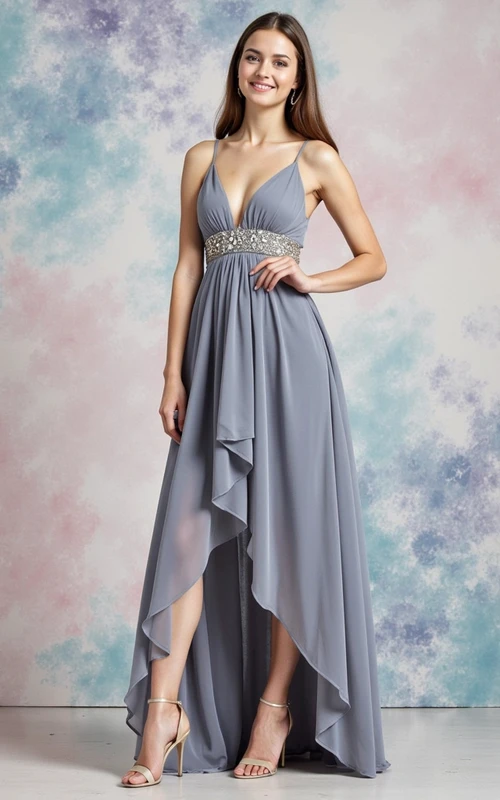 Vestido sexy de tirantes finos estilo imperio con drapeado asimétrico y cintura abalorio.