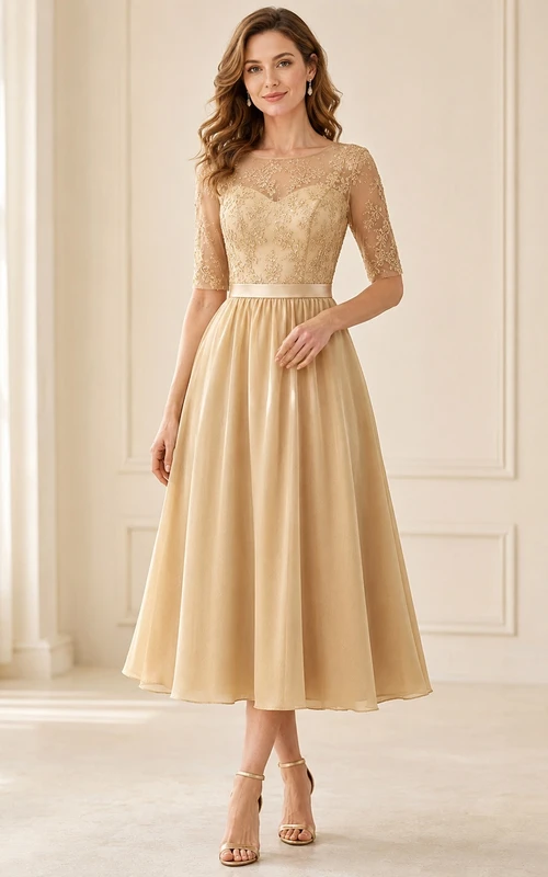 Vestido formal modesto de satén con cuello joya, mangas tres cuartos y encaje, corte en A, largo hasta la rodilla, color champán.