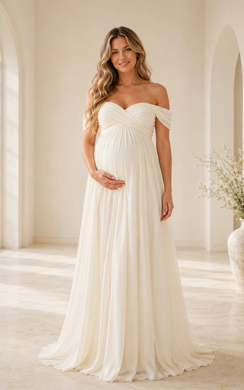 Umstandskleid in Elfenbein, Empire-Stil, bodenlang, schulterfrei, kurze Ärmel, Chiffon, romantisch, elegant, für Brautjungfern und Gäste, Gartenkleid