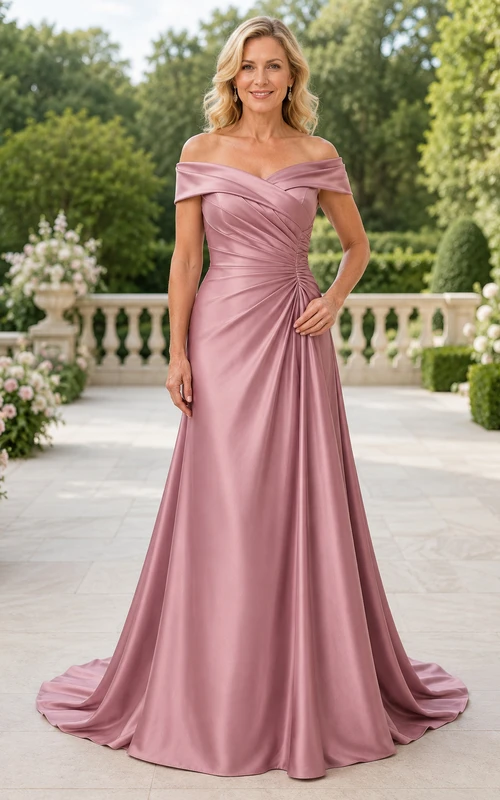 Altrosafarbenes, schulterfreies A-Linien-Kleid aus Satin mit Schleppe