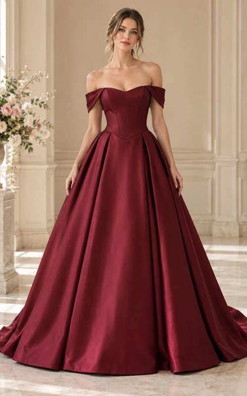Robe de bal bordeaux simple en satin plissé à épaules dénudées et traîne.