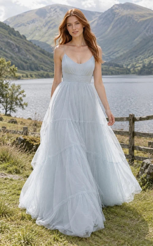 Vestido de novia azul cielo con escote redondo, corte en A, tul, sin mangas y volantes