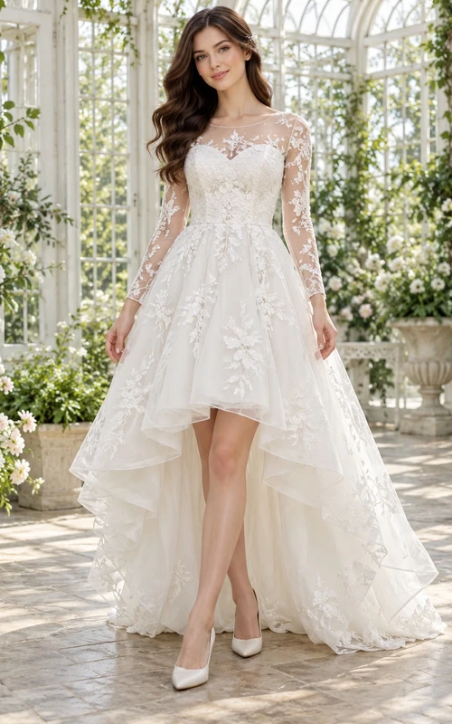 Robe de mariée trapèze en dentelle florale à manches longues asymétriques et coupe trapèze, ornée de fleurs.