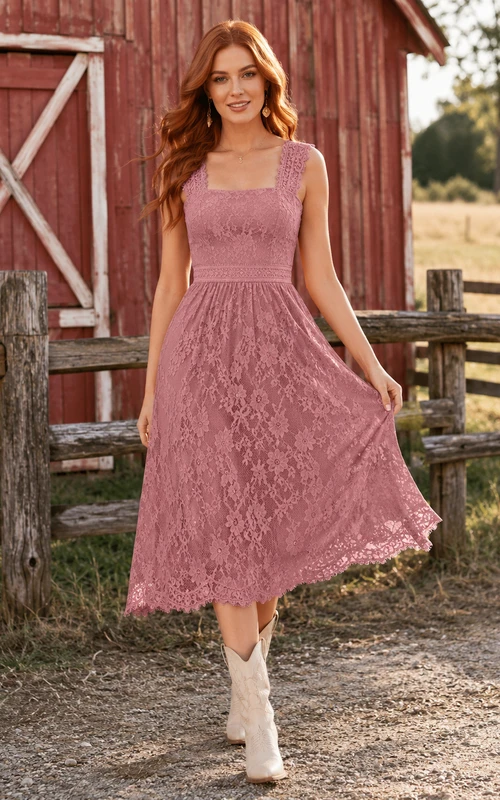 Dusty rose square neck lace A-line barn wedding midi dress