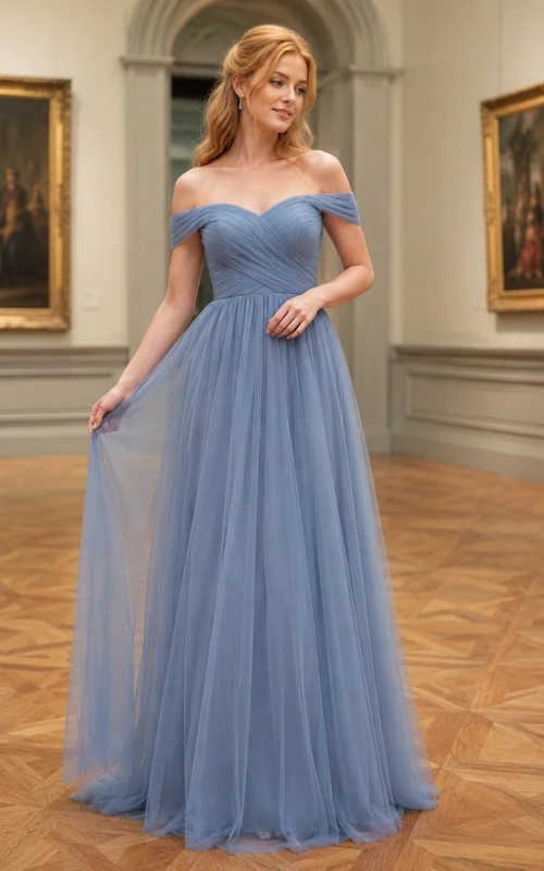 Museum Formal Steel Blue Romantic Elegant Princess Ball Gown Tulle Bridesmaid Dress with Off Shoulder Sweetheart Short Sleeve Floor-Length Low Back