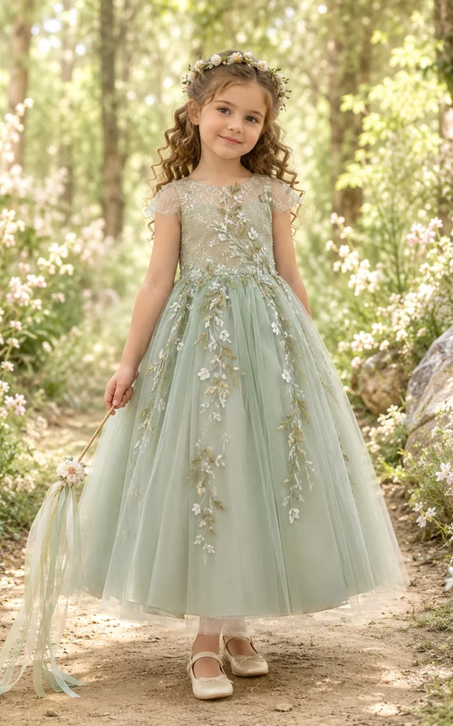 Blumenmädchenkleid aus salbeifarbenem Tüll, A-Linie, Rundhalsausschnitt, Teelänge, florale Applikationen