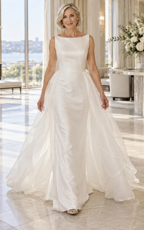 Vestido de novia convertible sin mangas de satén con escote cuadrado y sobrefalda de tul desmontable.