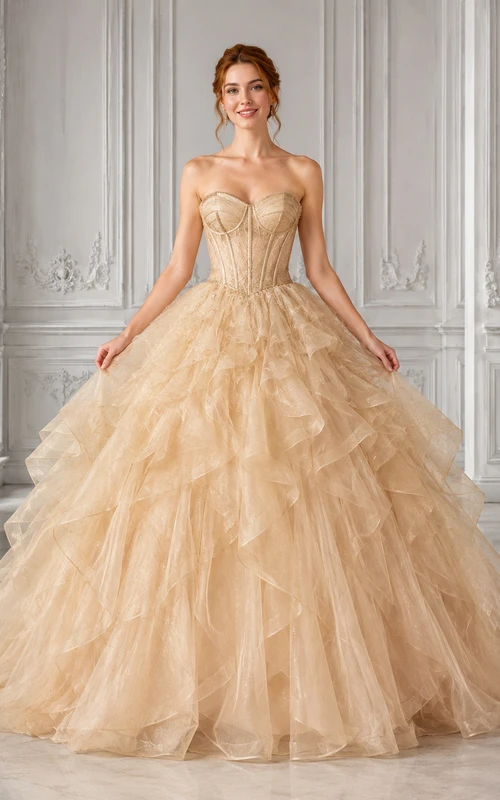 Vestido de quinceañera de lujo Golden Tempest Gold Ball Gown, largo hasta el suelo, sin tirantes y de organza.