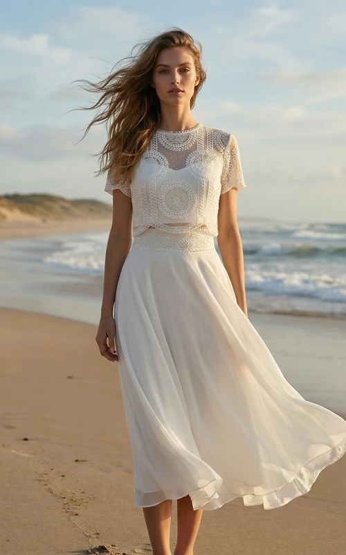 Zweiteiliges, teelanges Chiffon-Hochzeitskleid
