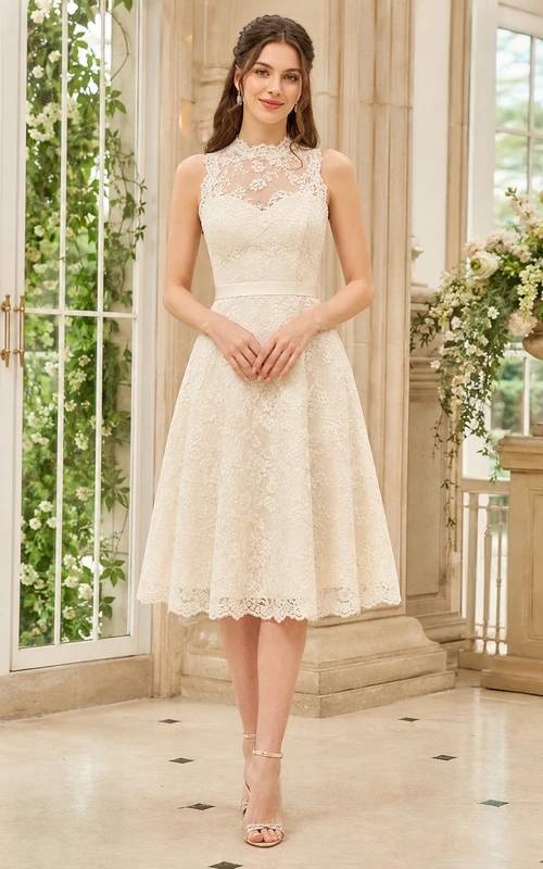 Modest Lace Ivory A-Line Tea-length High Neck Sleeveless Vintage Cocktail Guest Vow Renewal Dress