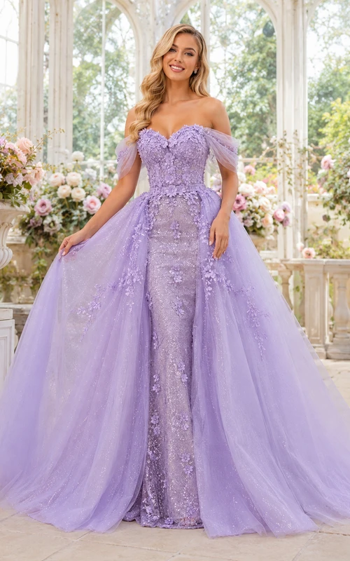 Lavender Off Shoulder Sweetheart Applique Tulle Ball Gown High Low Quinceanera Dress